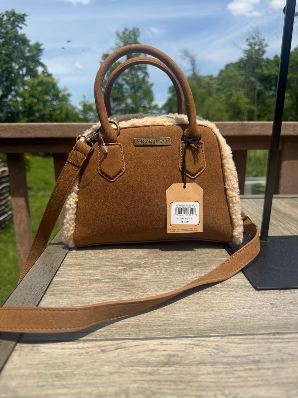 NWT FRYE AND CO. Tan Crossbody Satchel with Cream Shearling Trim